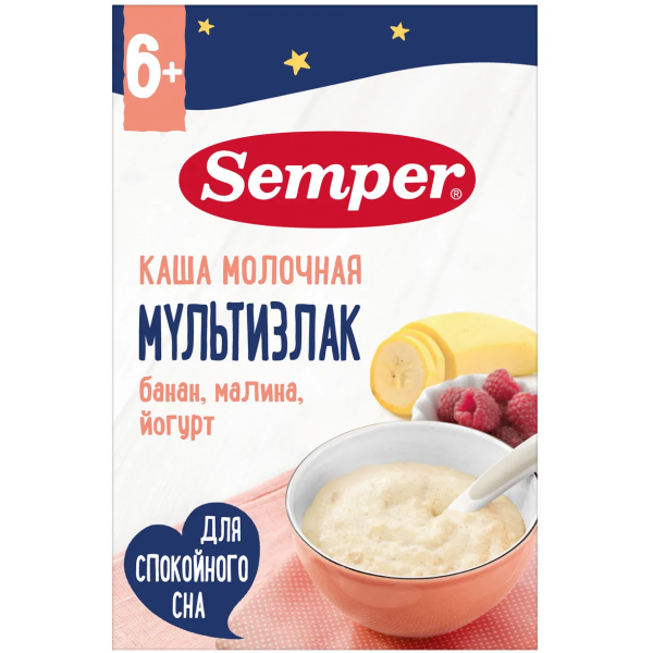 Каша Semper молочная мультизлак с бананом малиной и йогуртом 6м+ 180 гр